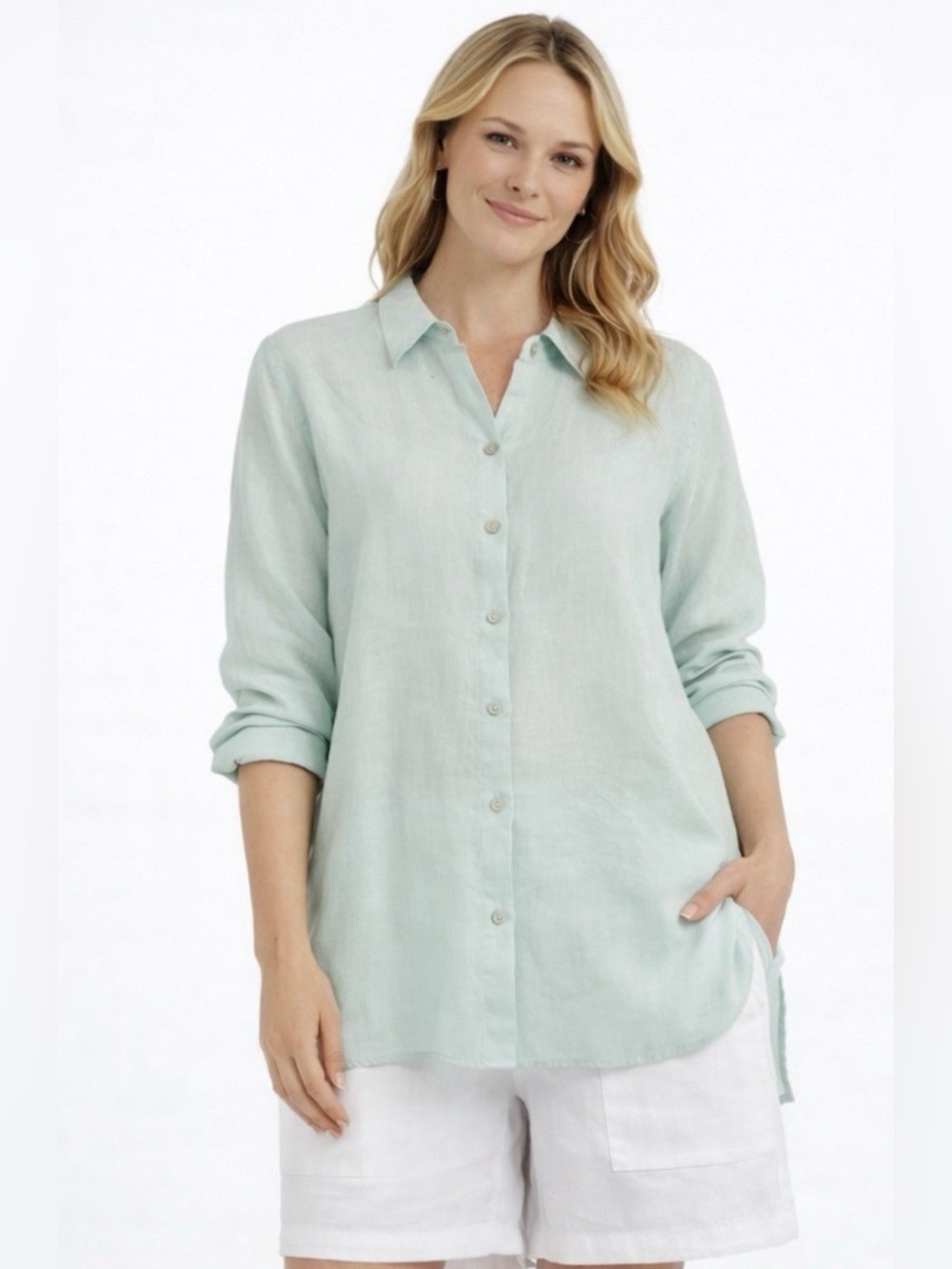Eileen Fisher Handkerchief Organic Linen Classic Collar in SeaGlass Green Large